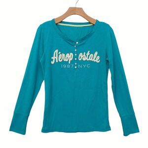 Aeropostale Long Sleeve Henley Shirt Womens XL Green 1/4 Button Ribbed Y2K Retro